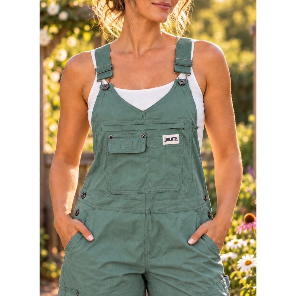 Duluth Trading Co Women’s L Regular Sage Green Utility Overalls Rip Stop Nylon - Picture 2 of 9